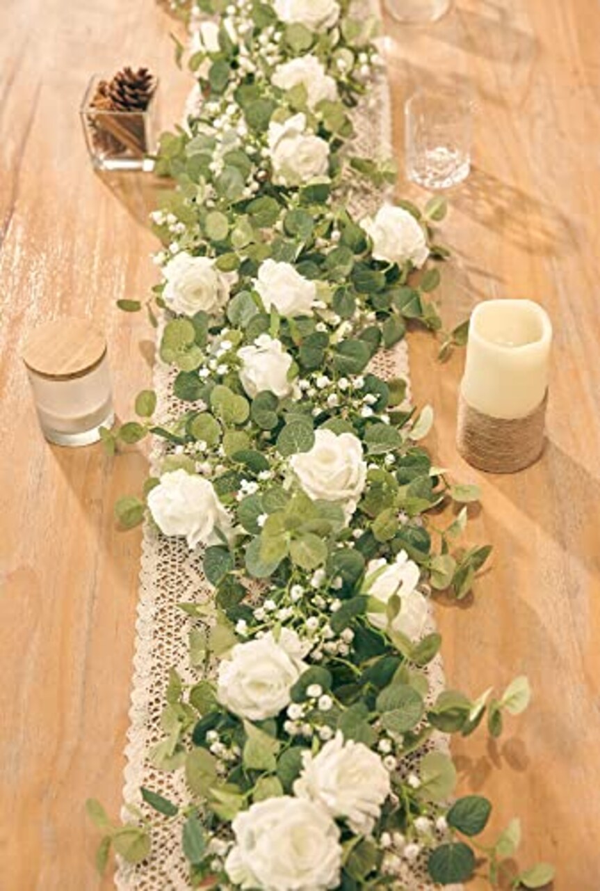 5.91FT Artificial Eucalyptus Garland with Flowers, Fake Rose Gypsophila Garland, Faux Floral Garland Greenery Garland for Wedding Home Party Craft Art Table Runner Decor (White, 1)